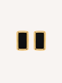 Gold rectangle statement earrings featuring black onyx-inspired stones.