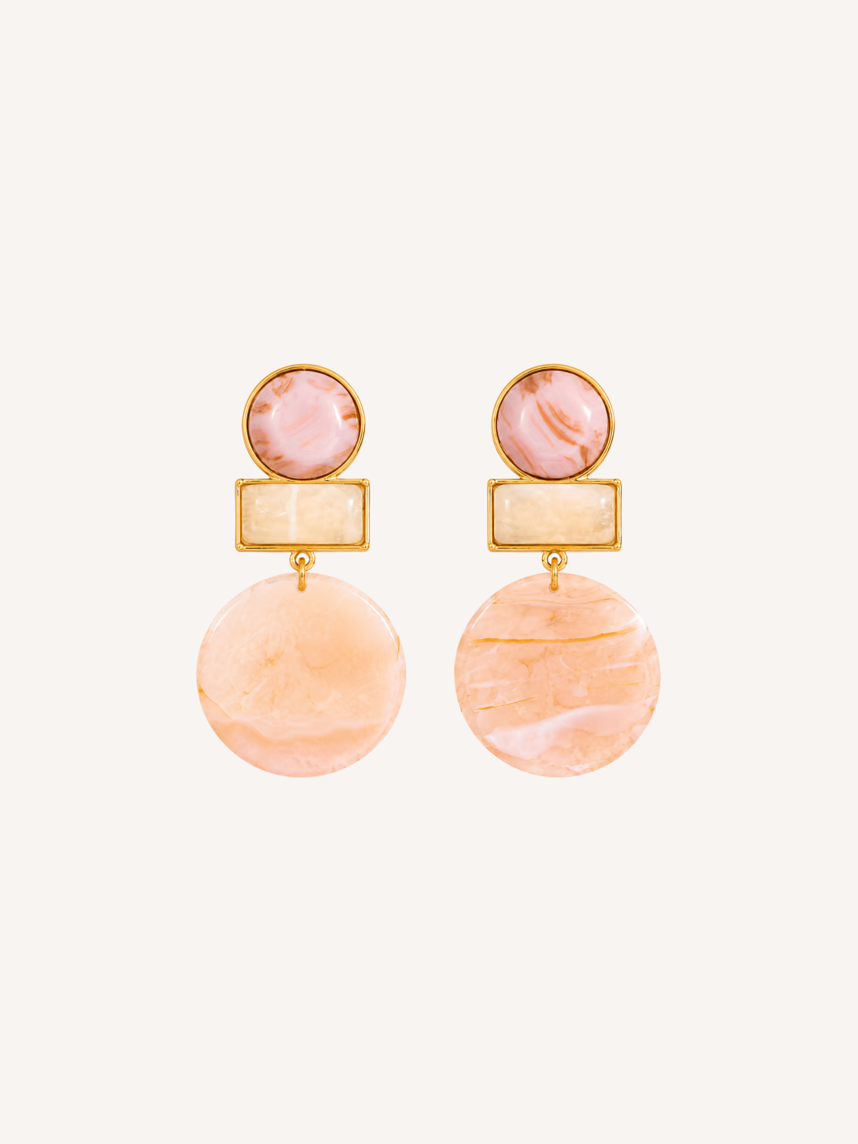 Alba blush resin statement dangle earrings with gold geometric accents.