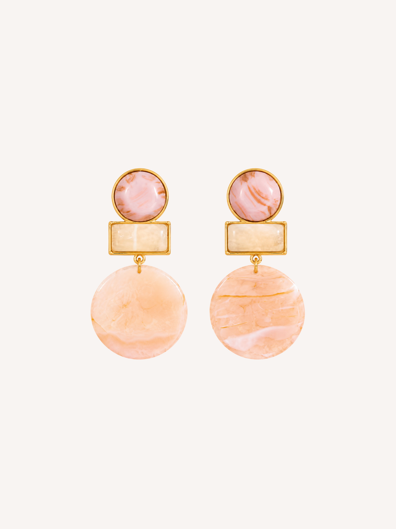 Alba blush resin statement dangle earrings with gold geometric accents.