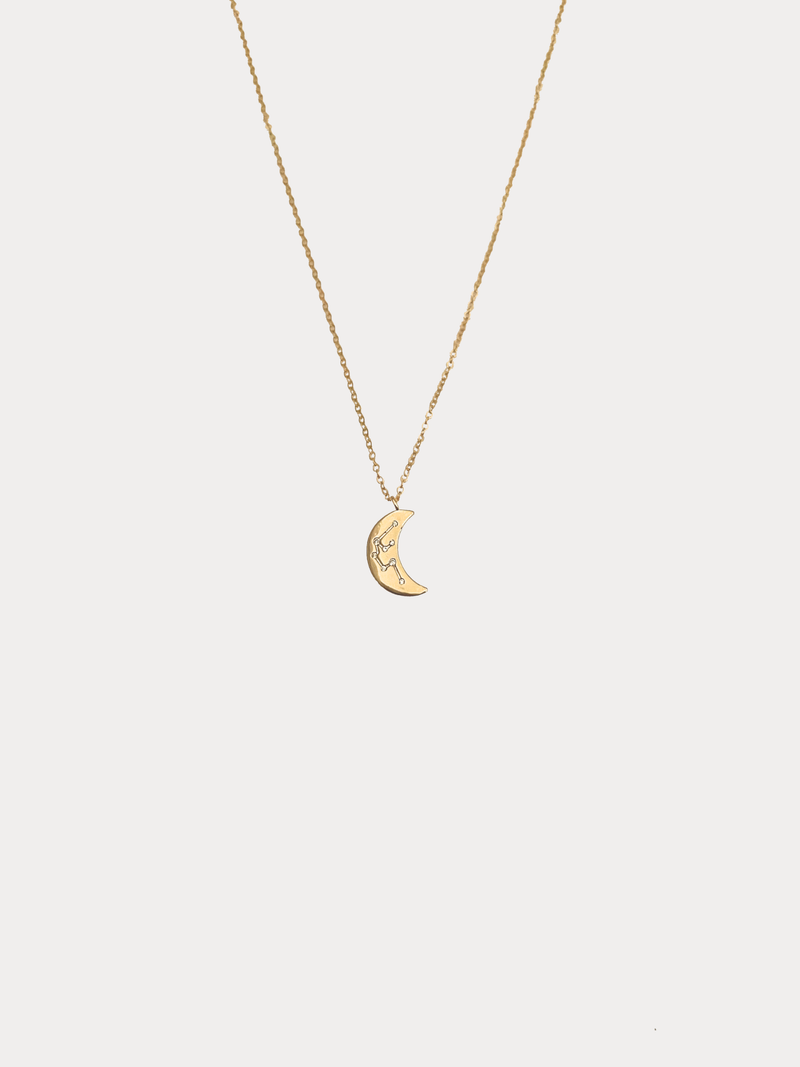 Gold Aquarius crescent moon necklace with constellation detailing