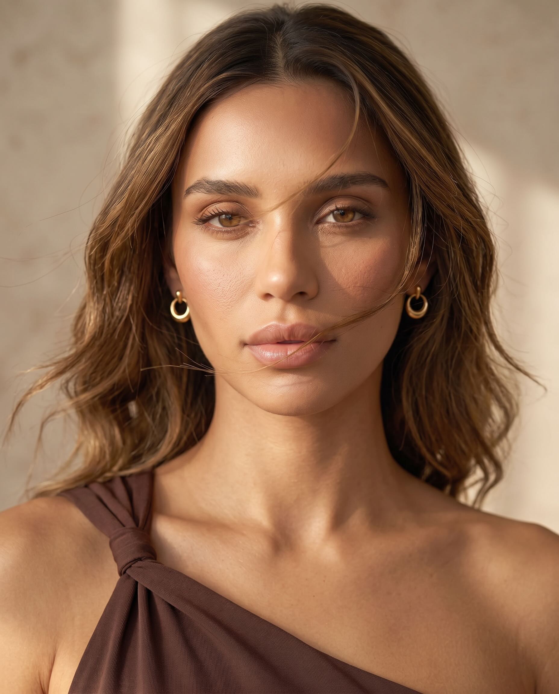 Gold circle stud earrings featuring a sculptural open-circle silhouette and polished finish on a model