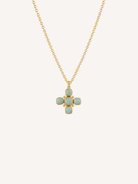 Gold cross pendant necklace featuring genuine amazonite stones in a soft rounded cross design.