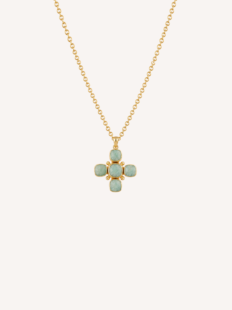 Gold cross pendant necklace featuring genuine amazonite stones in a soft rounded cross design.