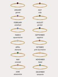 Gold birthstone crystal stacking rings showing all 12 birthstone months including garnet, amethyst, aquamarine, diamond, emerald, alexandrite, ruby, peridot, sapphire, pink tourmaline, topaz and tanzanite