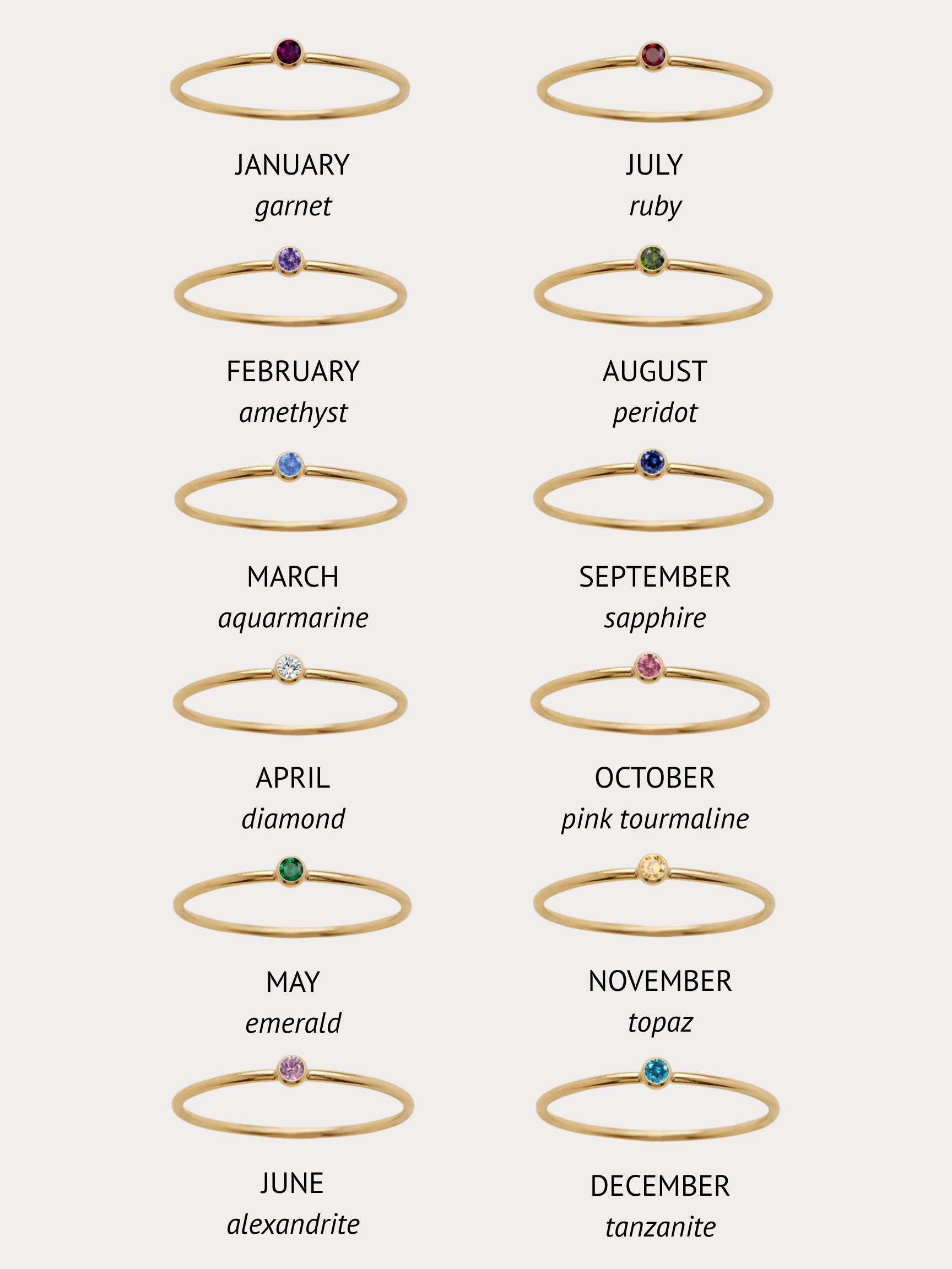 Gold birthstone crystal stacking rings showing all 12 birthstone months including garnet, amethyst, aquamarine, diamond, emerald, alexandrite, ruby, peridot, sapphire, pink tourmaline, topaz and tanzanite