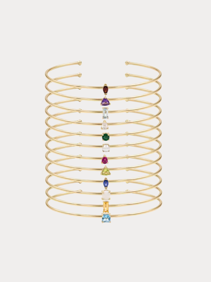 Gold birthstone zodiac cuff bracelet with multicolor gemstones