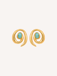 Gold spiral stud earrings featuring vibrant imitation turquoise stones and a sculptural statement design.