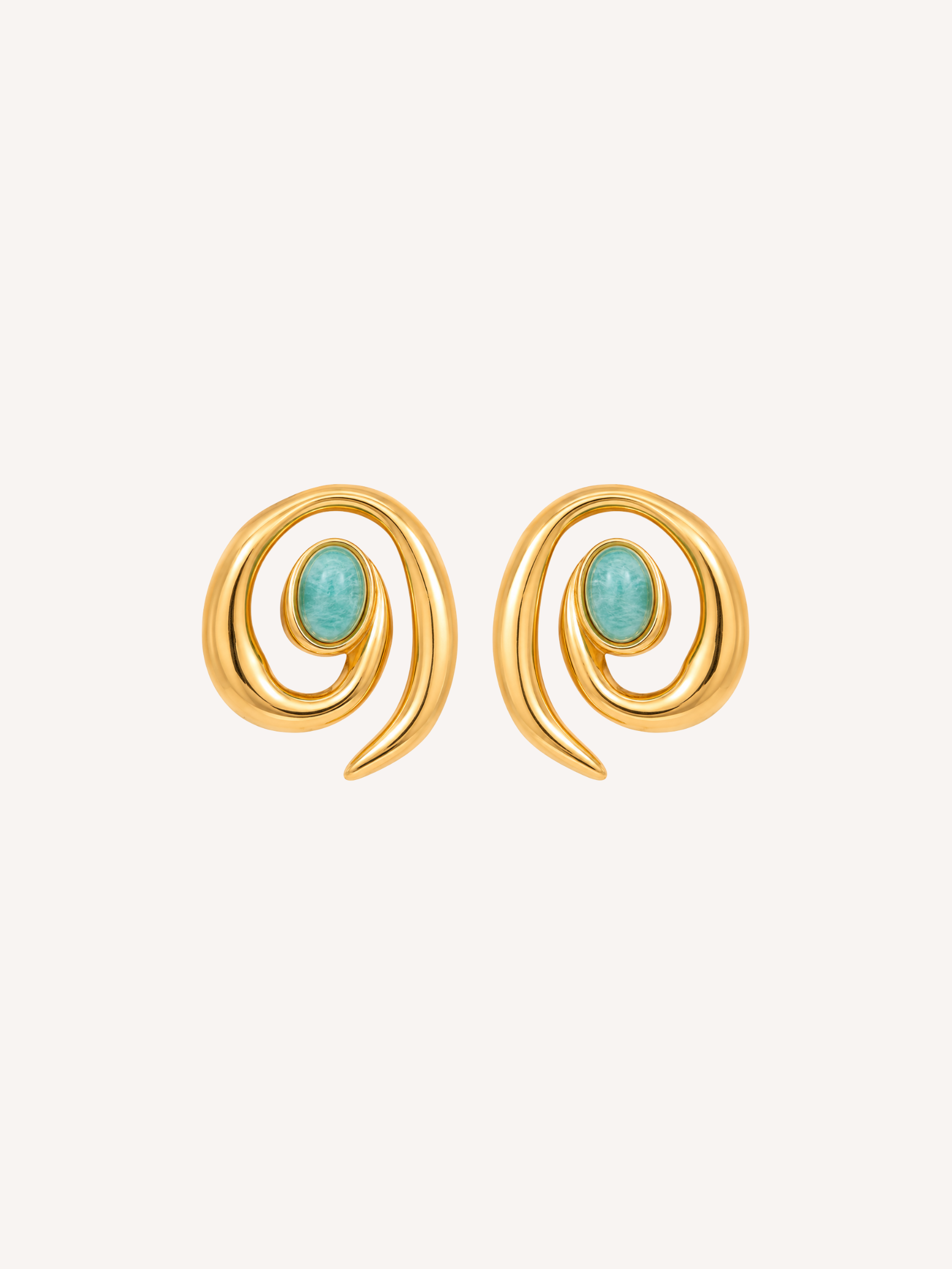 Gold spiral stud earrings featuring vibrant imitation turquoise stones and a sculptural statement design.