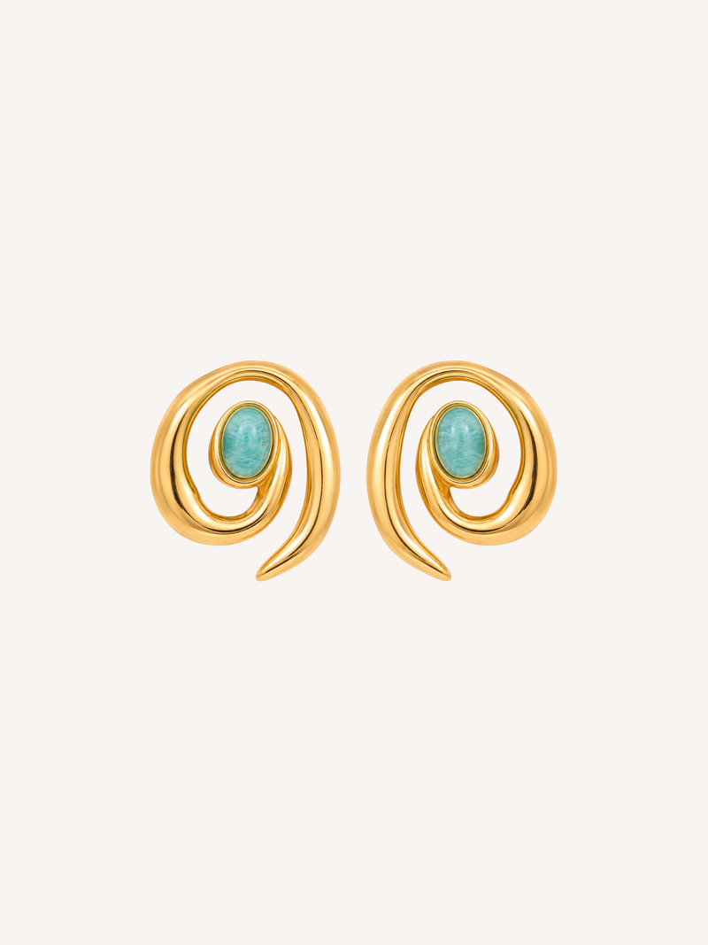 Gold spiral stud earrings featuring vibrant imitation turquoise stones and a sculptural statement design.