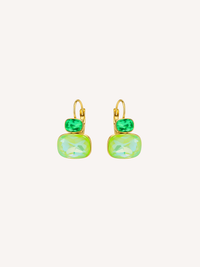 Green statement gold earrings featuring vibrant green glass stones.