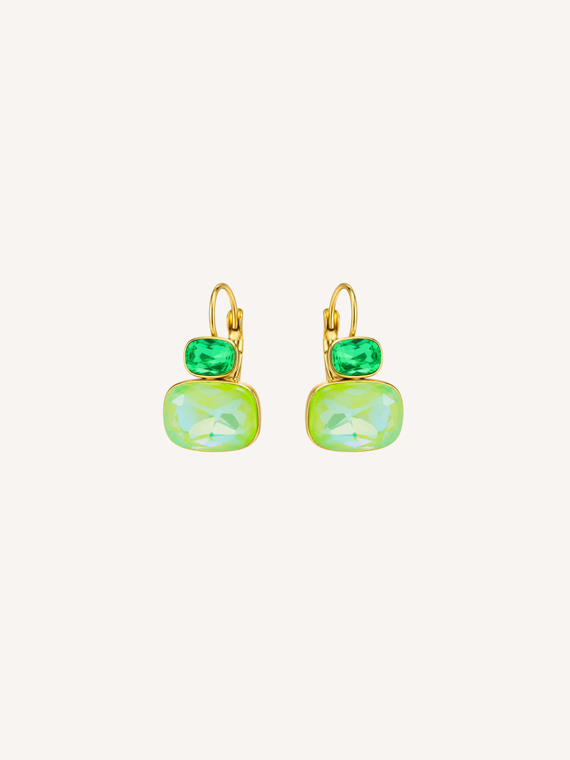 Green statement gold earrings featuring vibrant green glass stones.