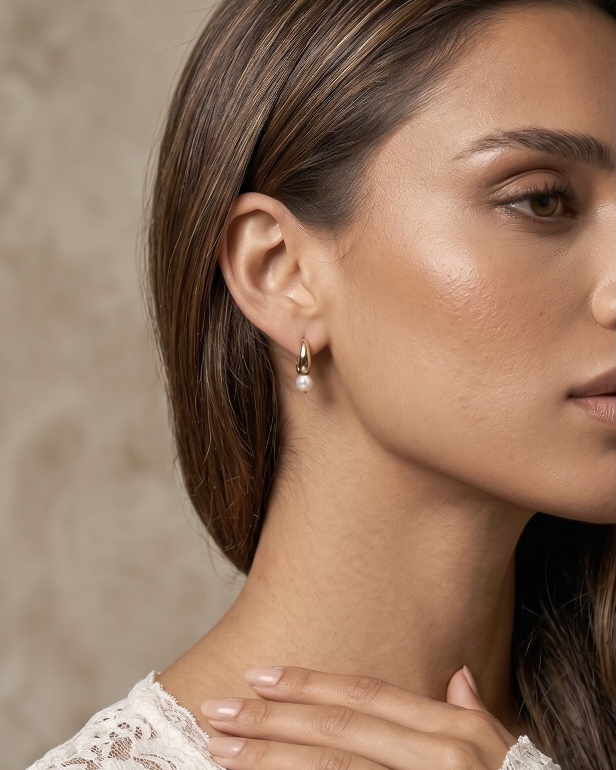 jacquie gold plated pearl huggie hoop earrings close up side profile worn