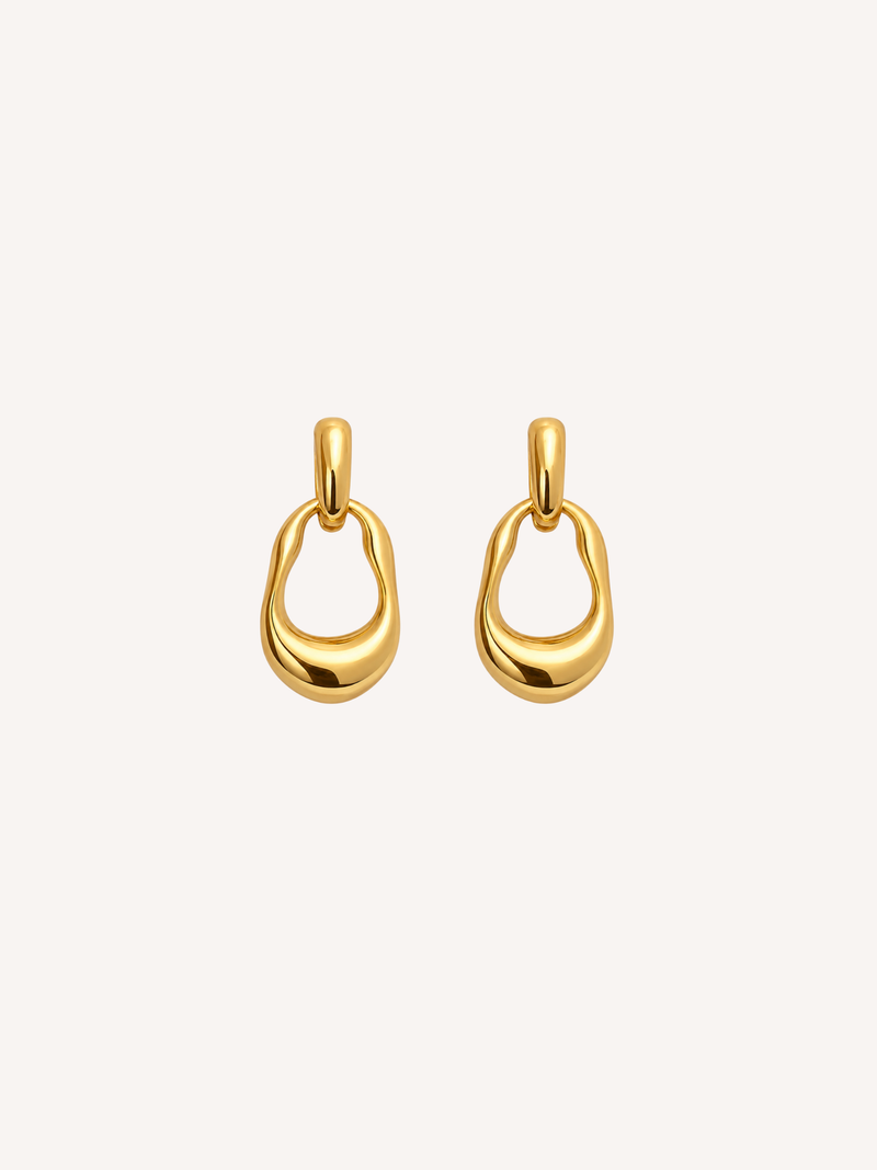Gold sculptural drop earrings with a polished molten silhouette.