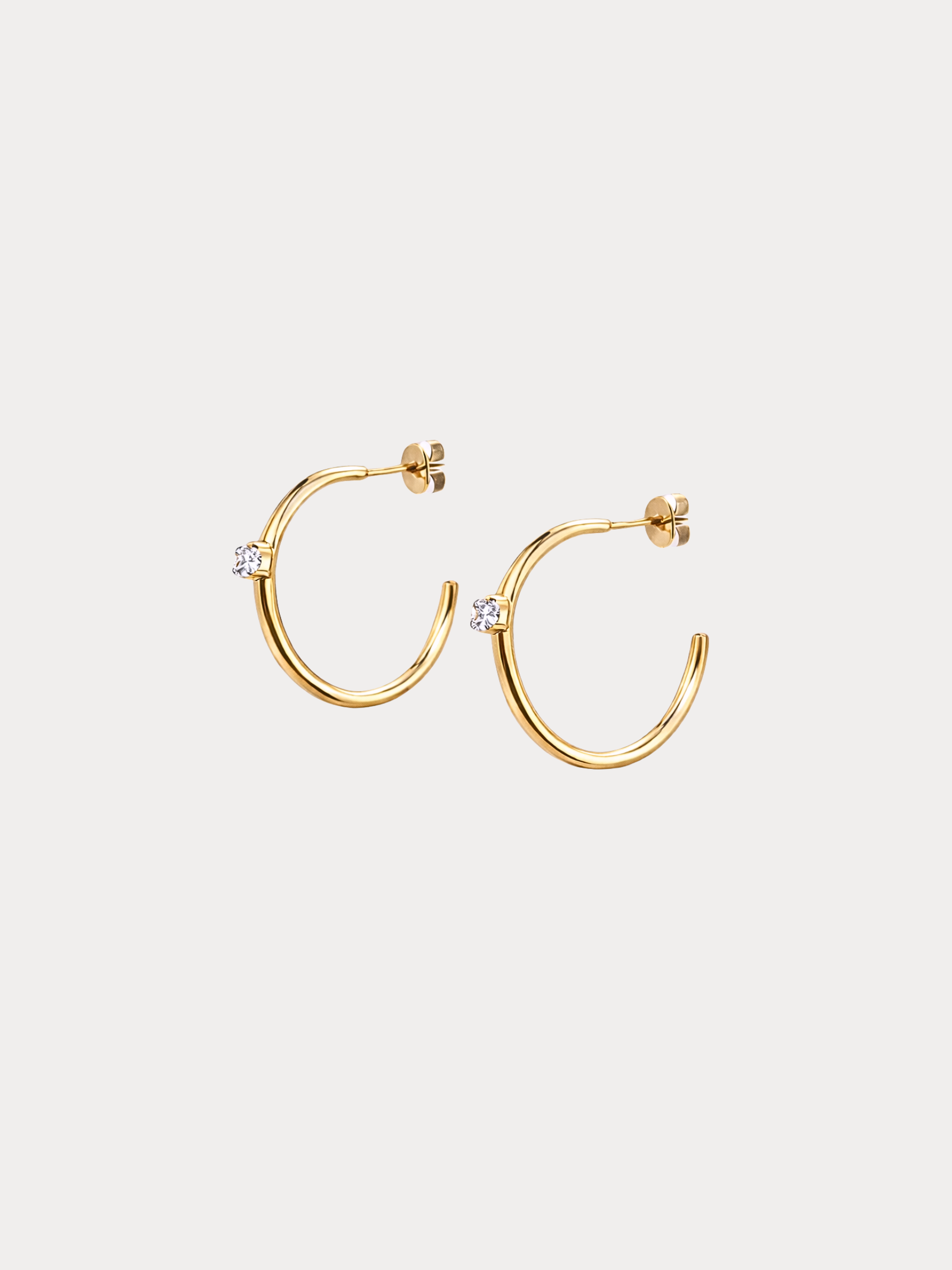 gold one crystal hoop earrings that are waterproof tarnish free with minimal crystal accent