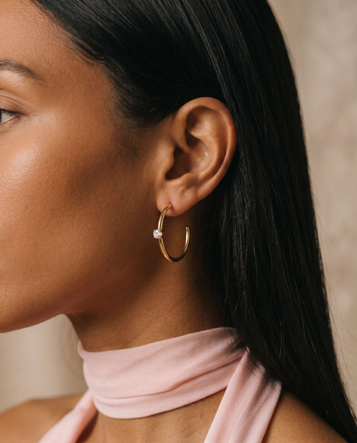 gold stainless steel crystal hoop earrings waterproof tarnish free worn on model