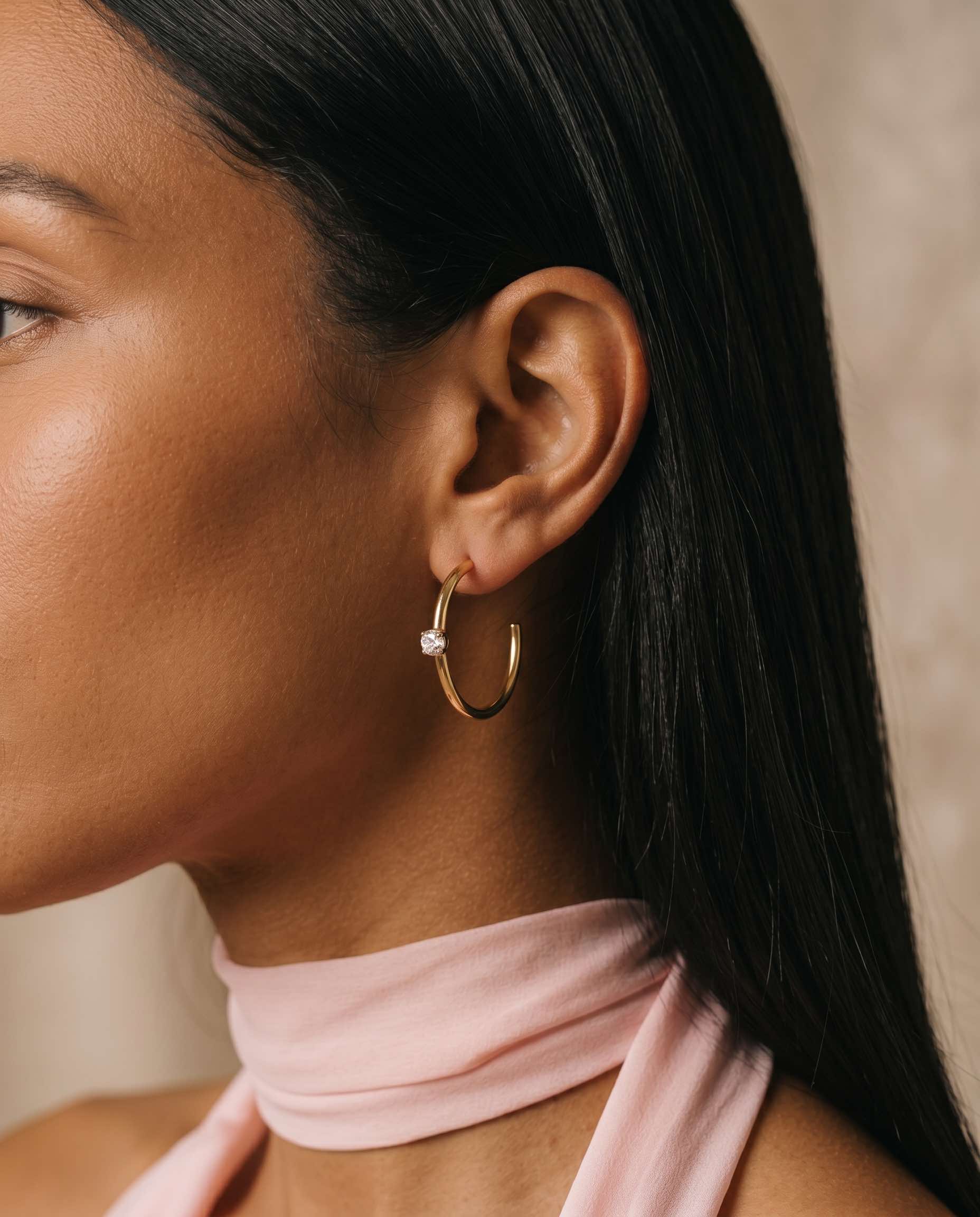 gold stainless steel crystal hoop earrings waterproof tarnish free worn on model