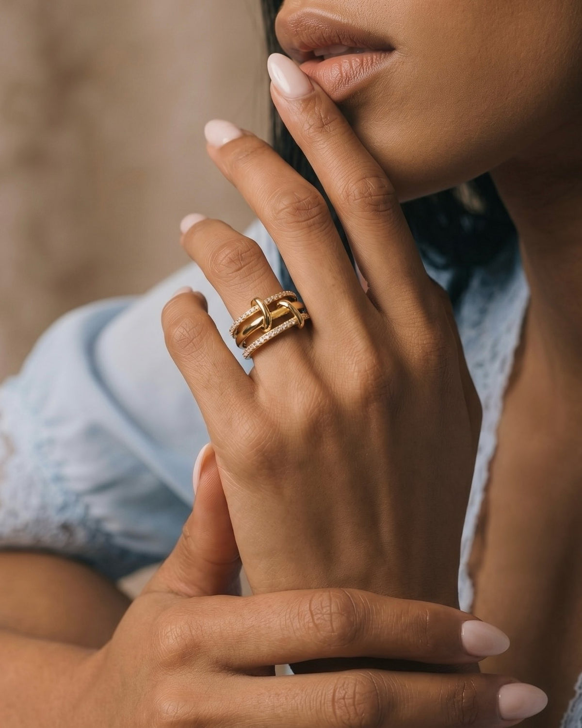 gold plated interlocking pave ring bold statement crystal ring close up