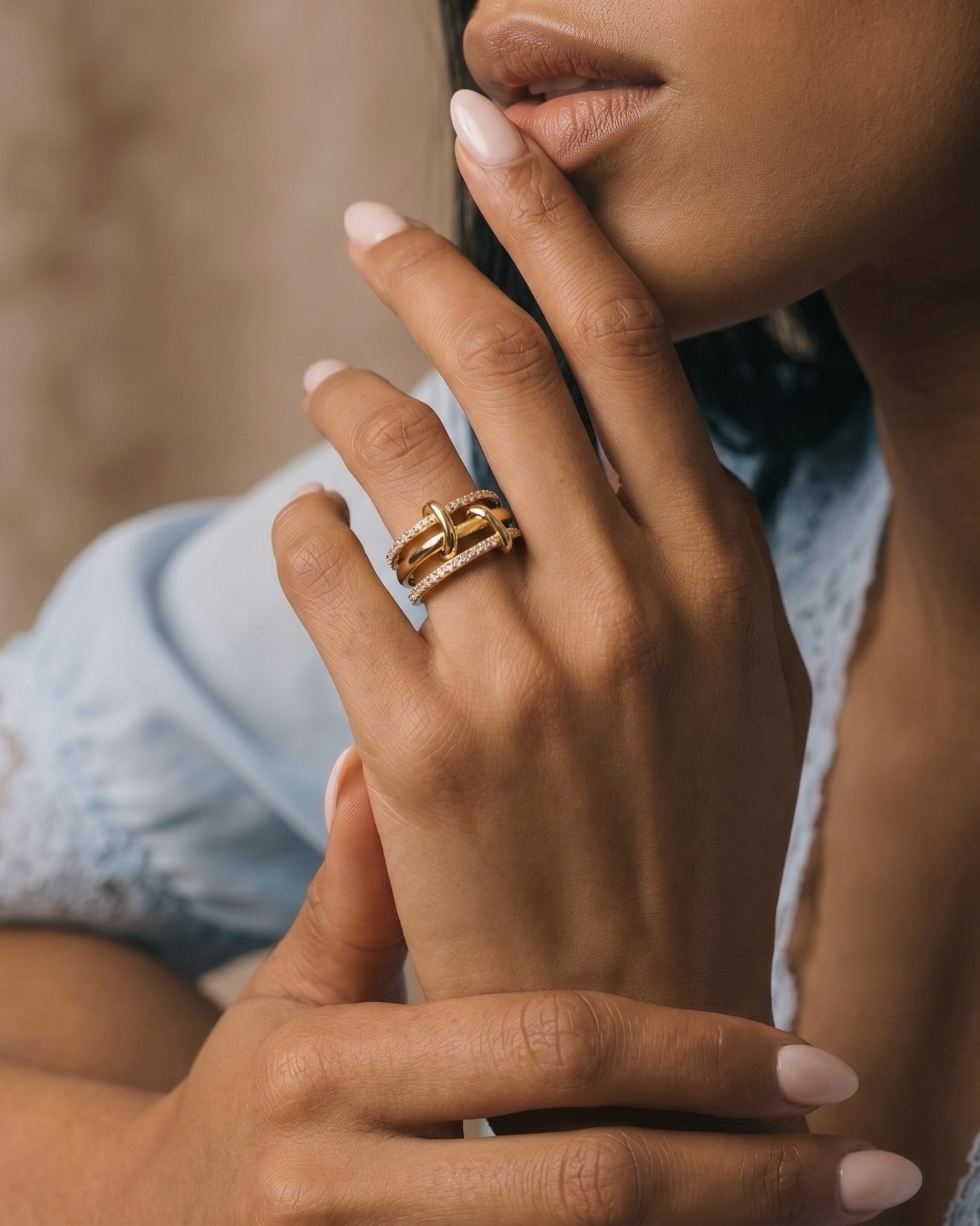 gold plated interlocking pave ring bold statement crystal ring close up