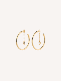 Gold 25mm hoop earrings with marquise cubic zirconia charms suspended from delicate chains.