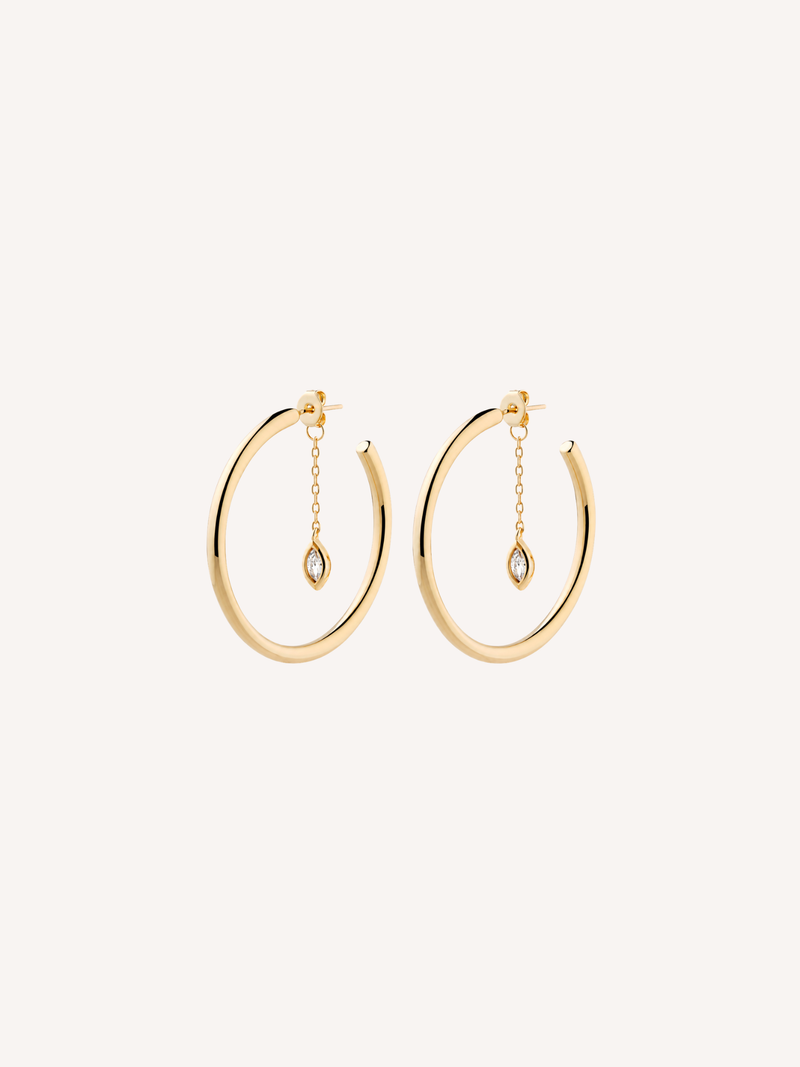 Gold 25mm hoop earrings with marquise cubic zirconia charms suspended from delicate chains.