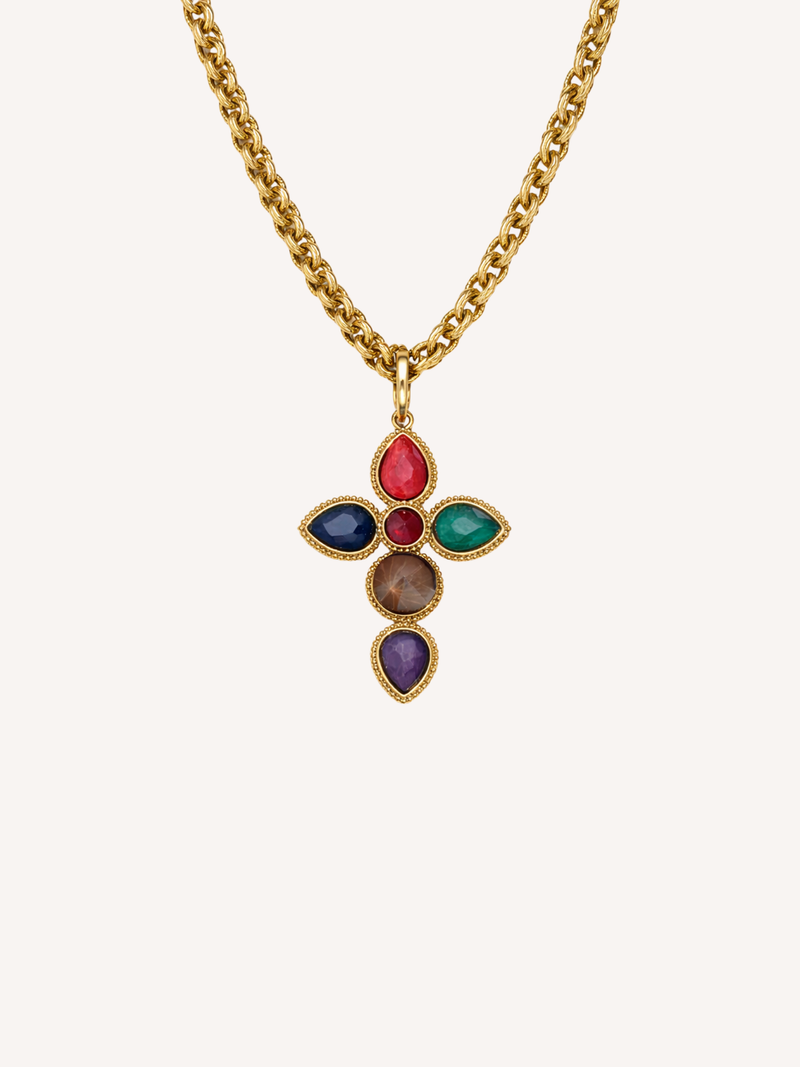 gold cross necklace with multi color gemstones on textured chain