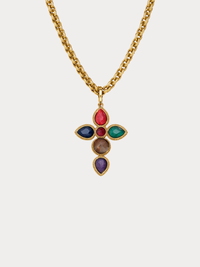 gold cross necklace with multi color gemstones on textured chain