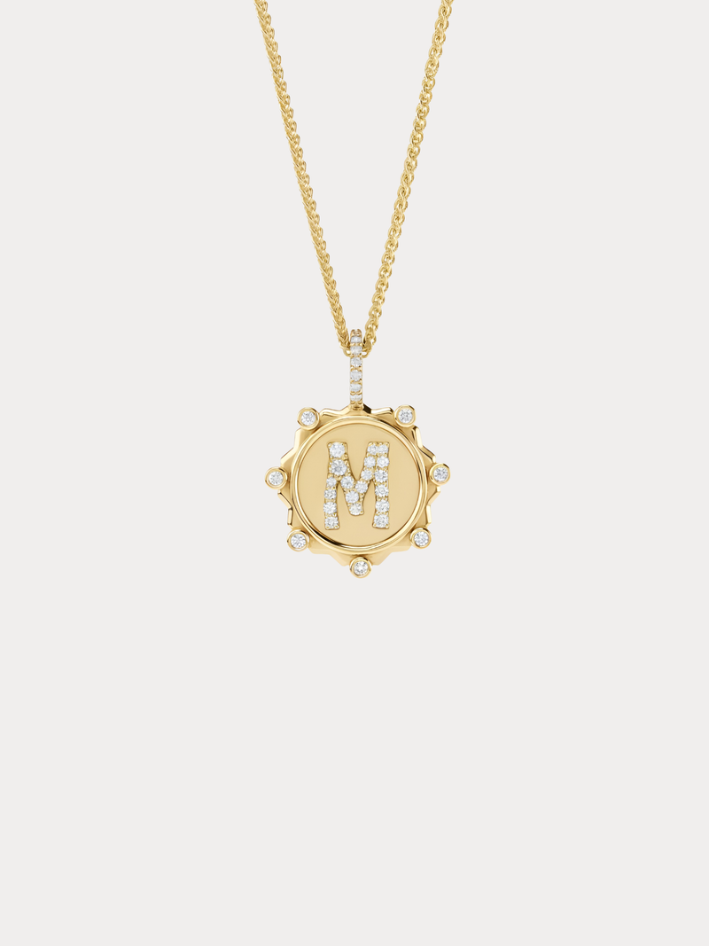 Gold pavé initial medallion necklace with diamond letter pendant