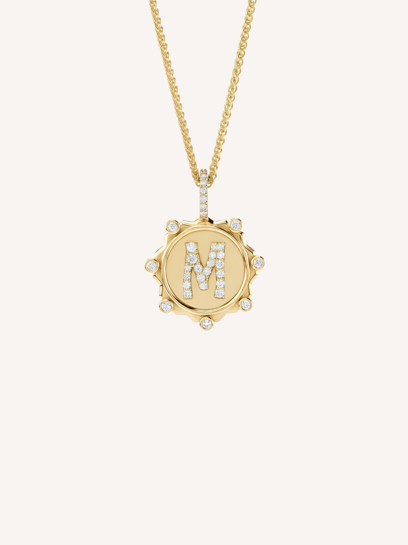Gold pavé initial medallion necklace with diamond letter pendant