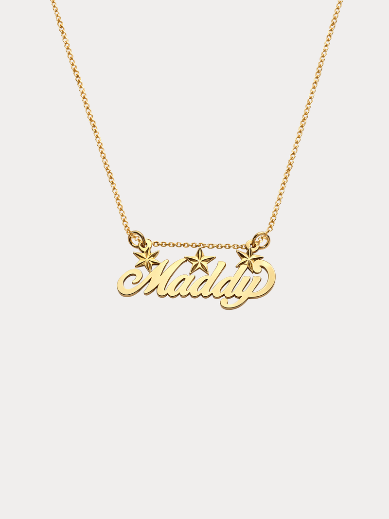 Gold personalized star name necklace with script name pendant
