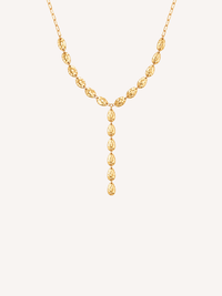 Gold hammered lariat necklace with textured links and a Y-shaped drop silhouette.