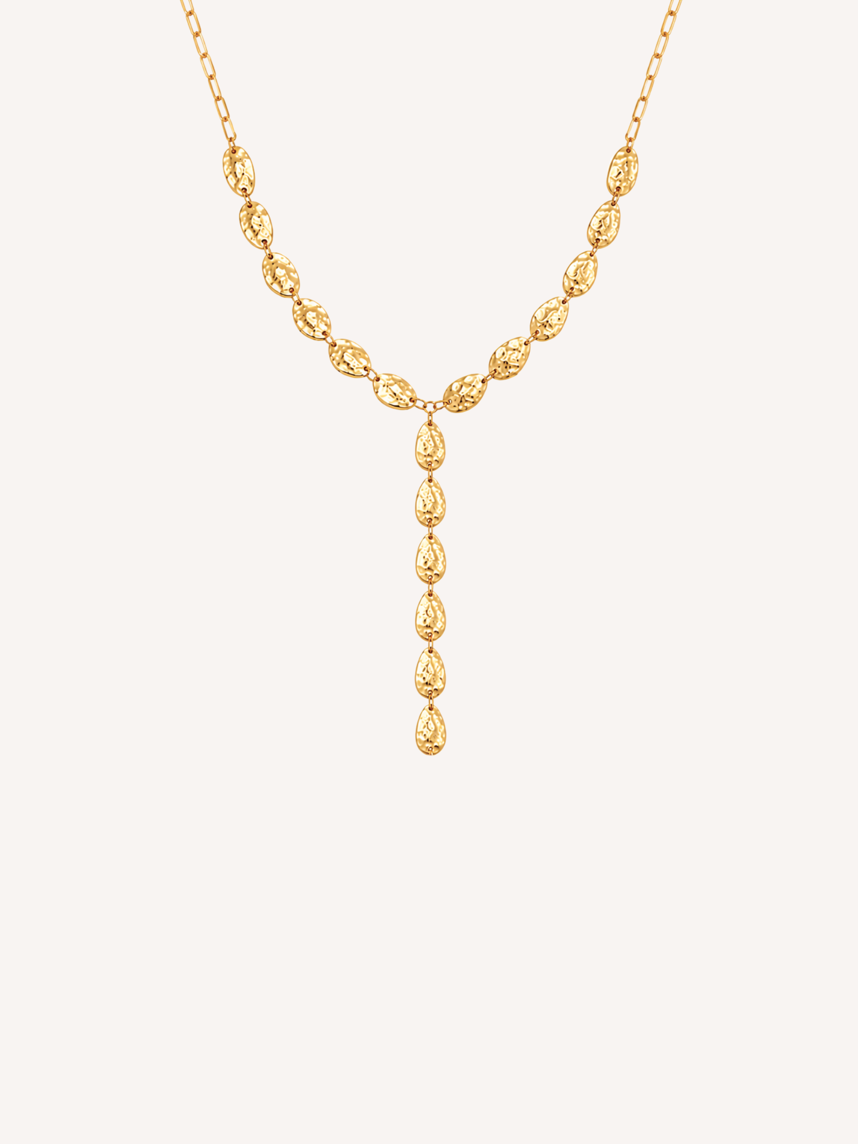 Gold hammered lariat necklace with textured links and a Y-shaped drop silhouette.