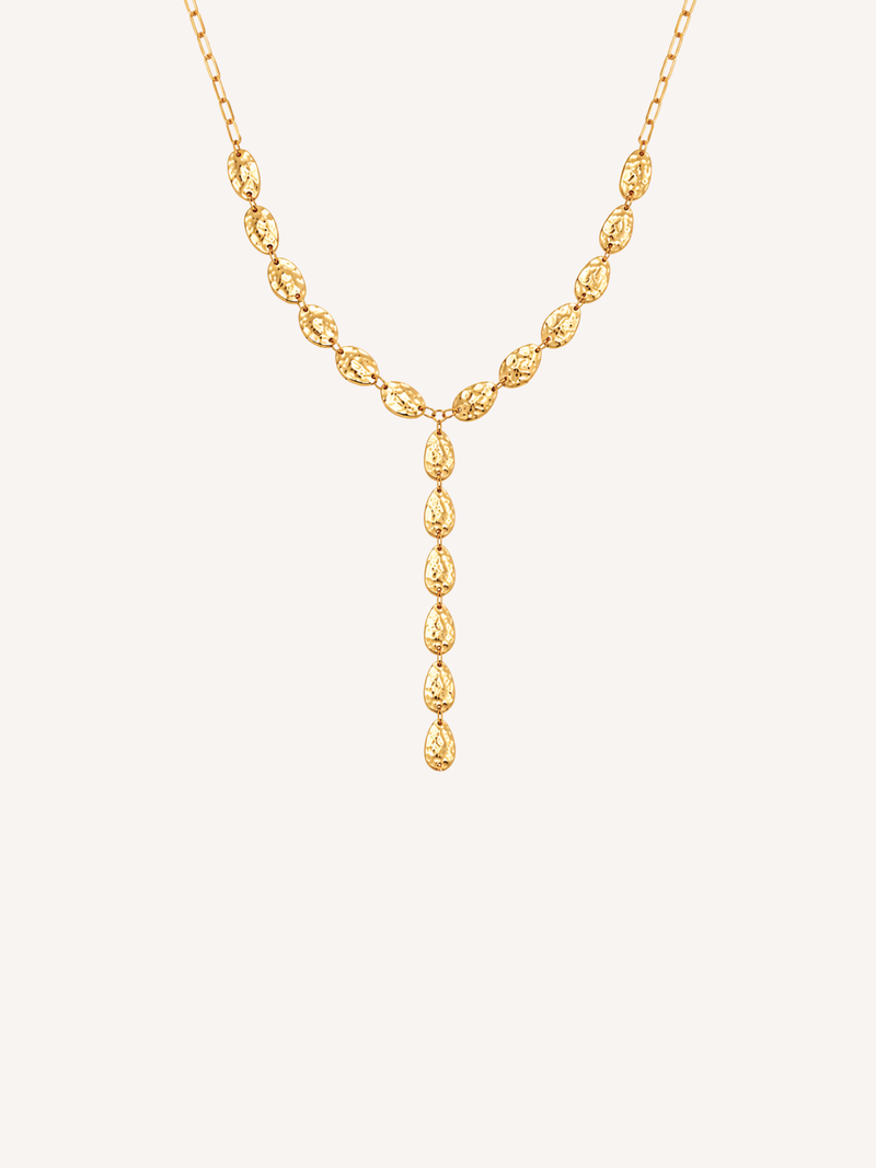Gold hammered lariat necklace with textured links and a Y-shaped drop silhouette.