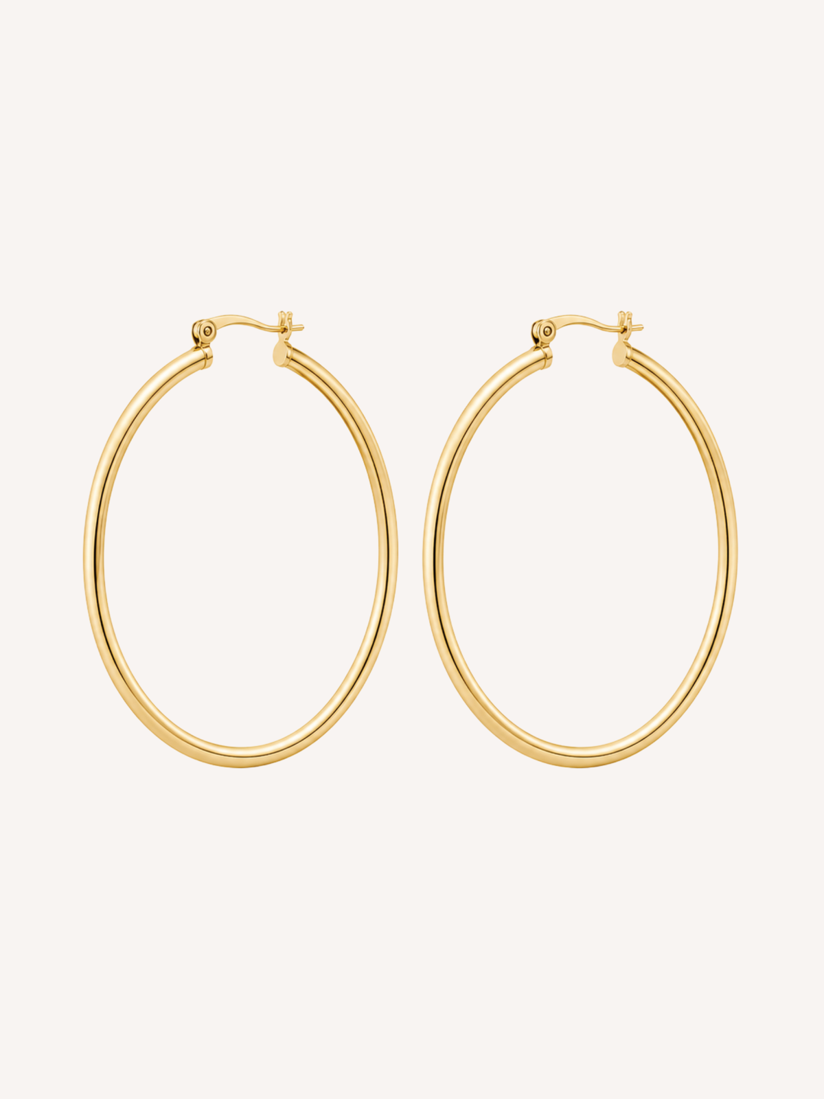 Large gold hoop earrings with a thin tubular silhouette and polished finish.