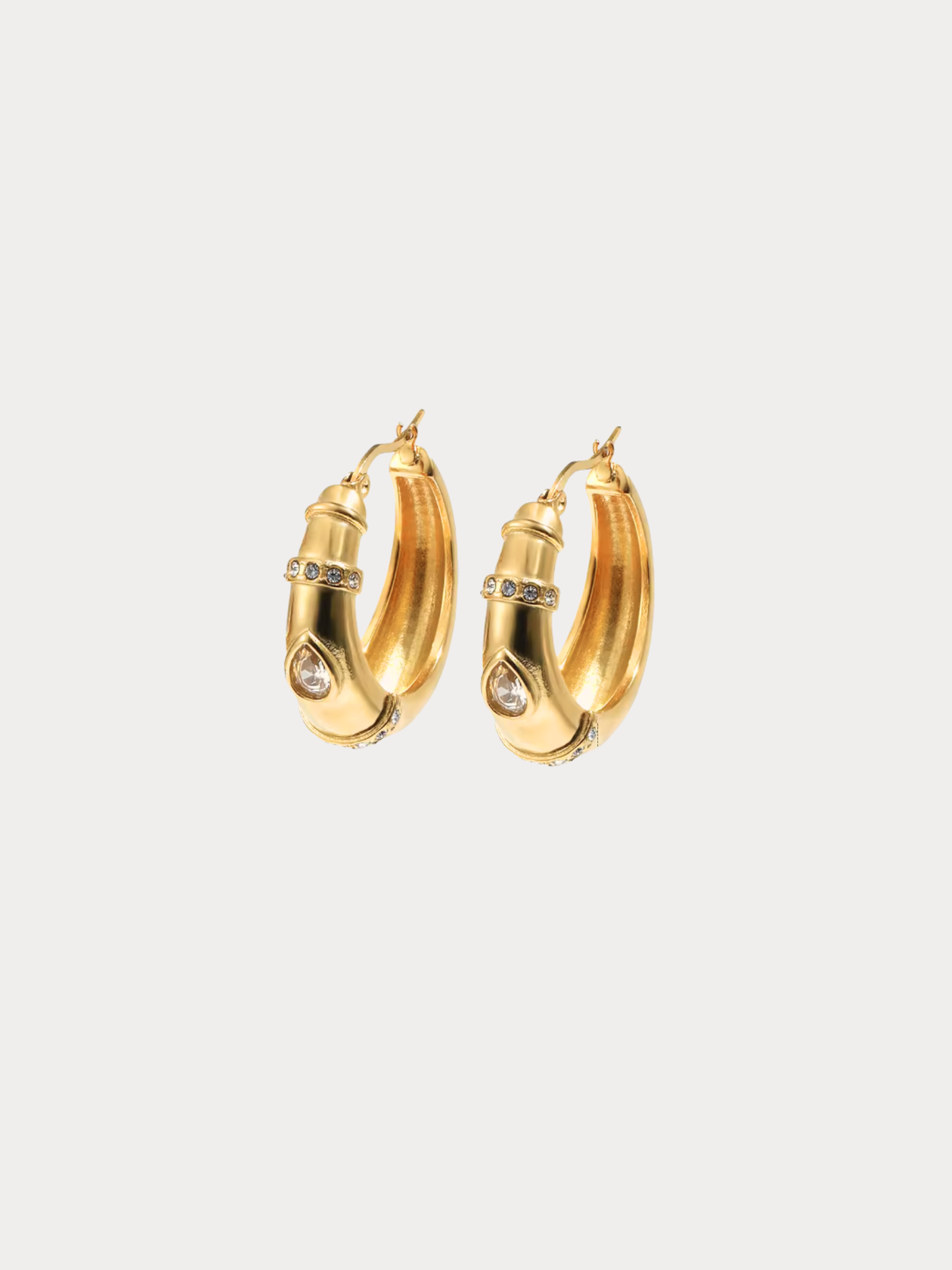 gold hoop earrings with teardrop stone and crystal accents