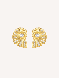 Gold conch shell statement earrings with cubic zirconia accents in waterproof 18k gold dipped stainless steel.