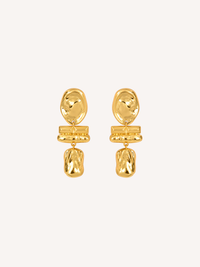 Sculptural gold statement earrings featuring an abstract molten drop design.