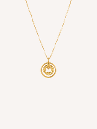 Waterproof gold circle necklace with layered rings and an organic molten center pendant.