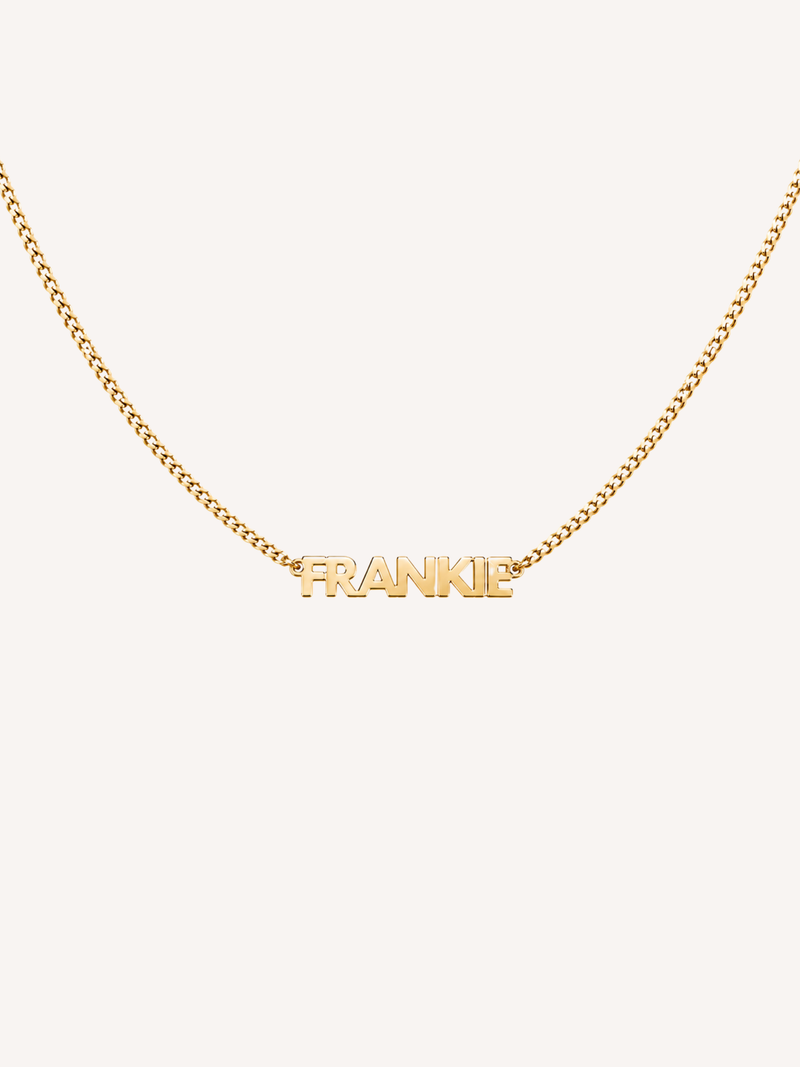 custom gold small block nameplate necklace personalized name bold font curb chain