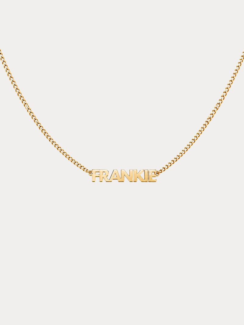 custom gold mini block nameplate necklace personalized name bold font curb chain
