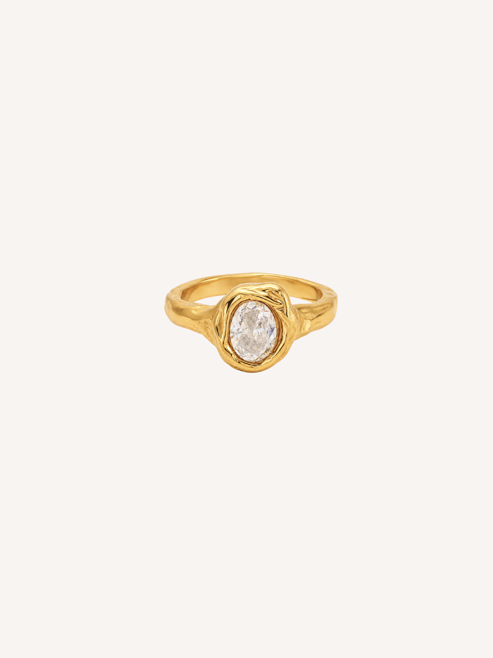 gold plated molten oval cz statement ring worn on model stainless steel