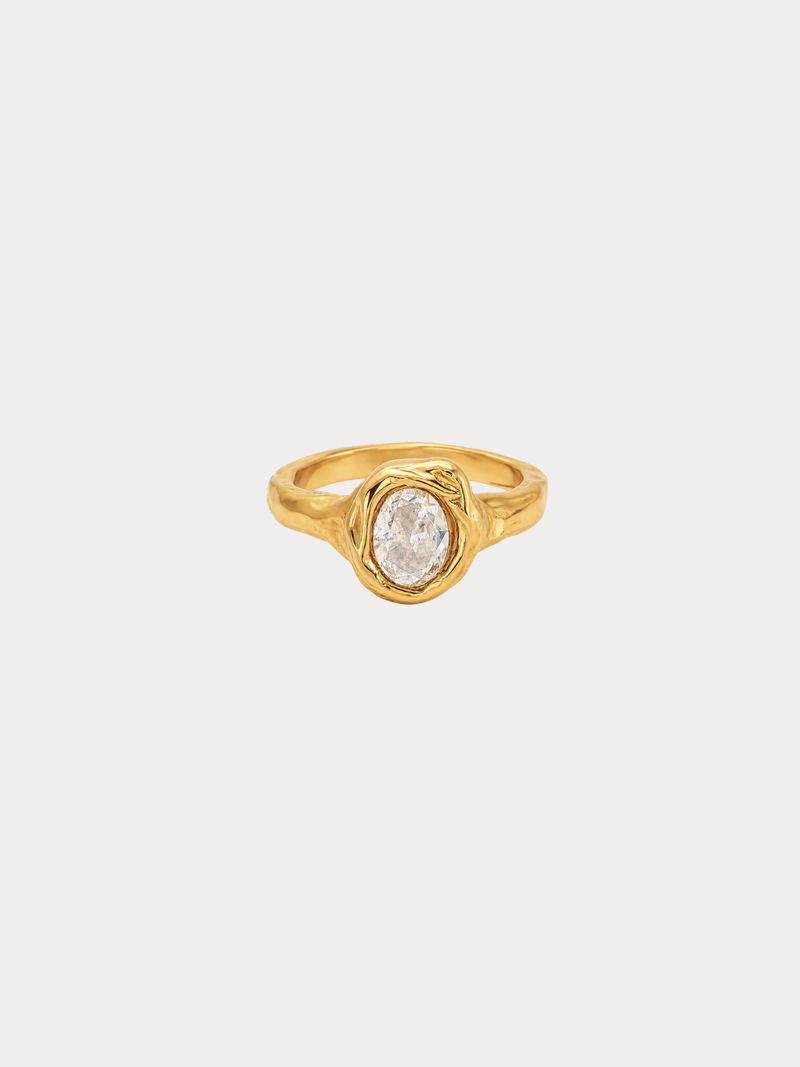 gold plated molten oval cz statement ring worn on model stainless steel