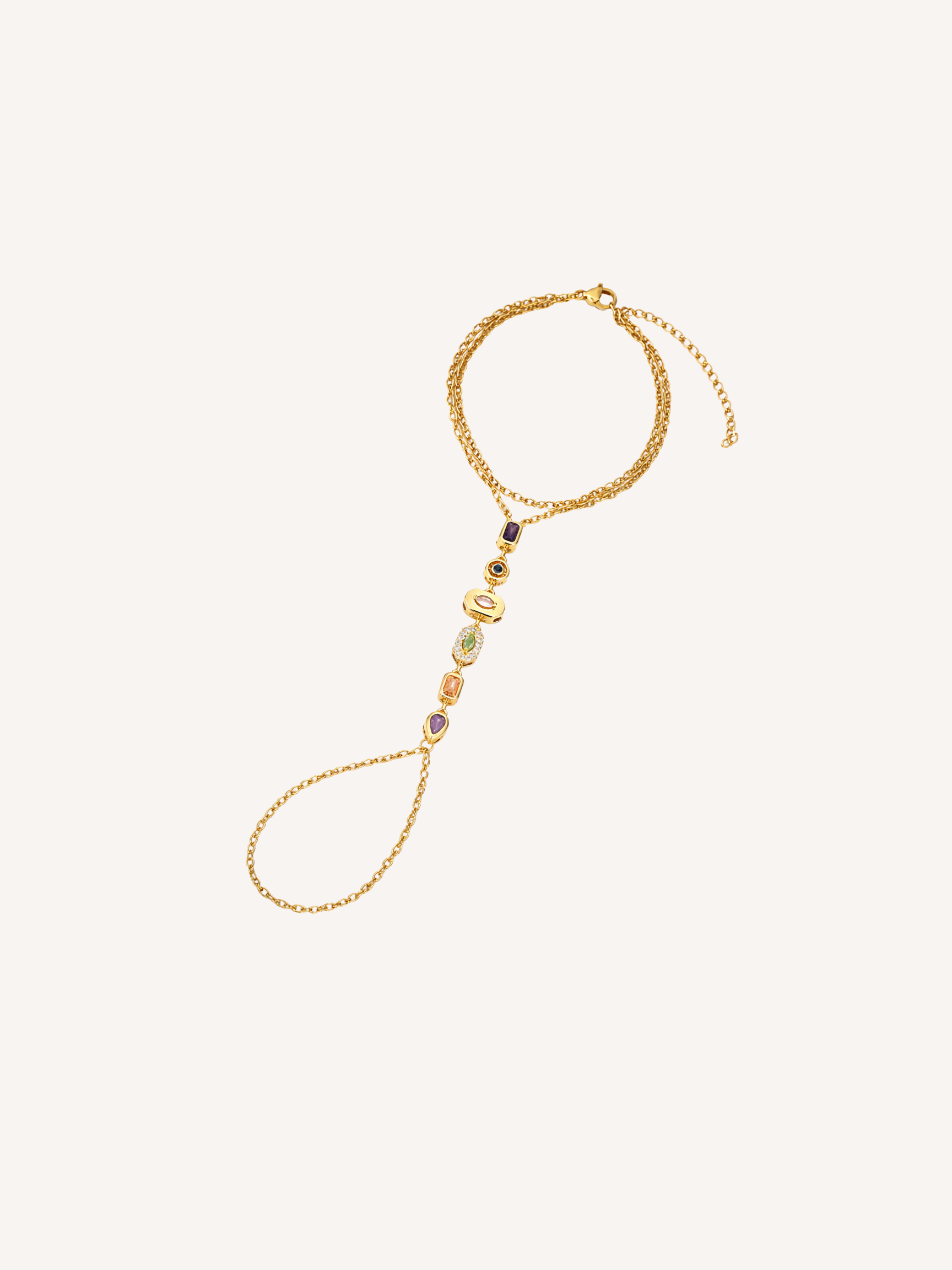 gold multi gemstone hand chain bracelet with colorful stones