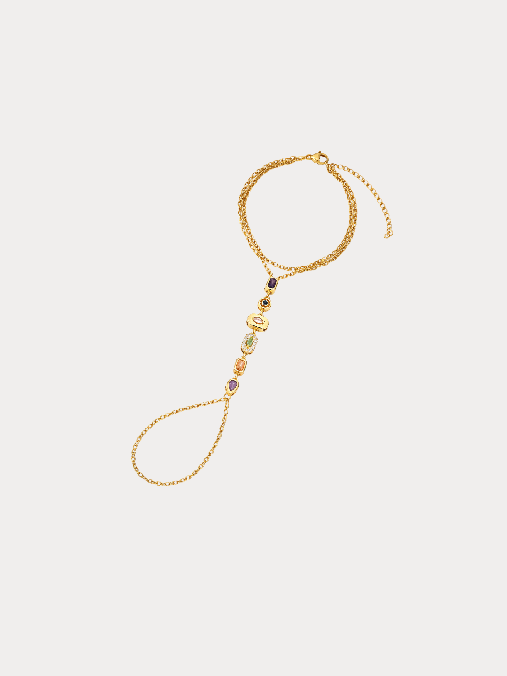 gold multi gemstone hand chain bracelet with colorful stones
