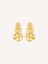 Gold hammered molten statement stud earrings with a triple-disc design.