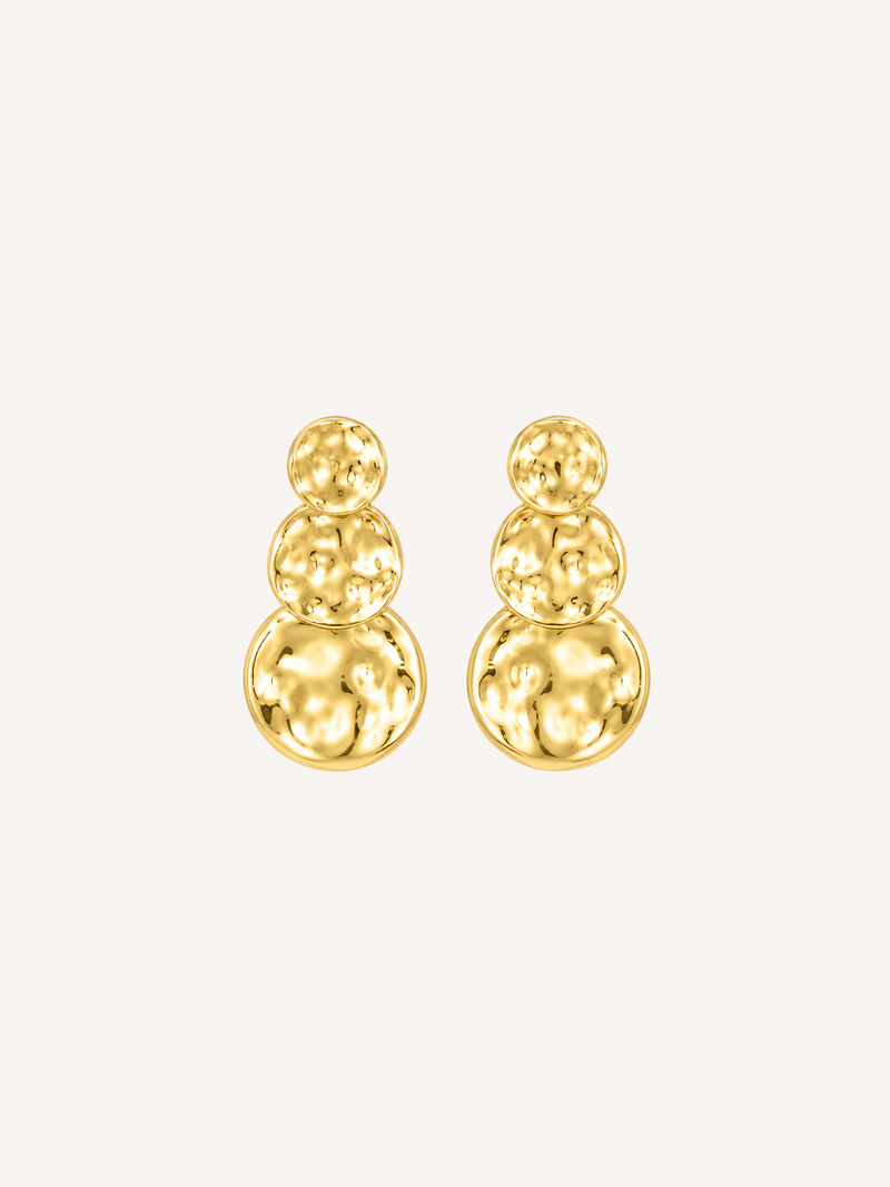 Gold hammered molten statement stud earrings with a triple-disc design.