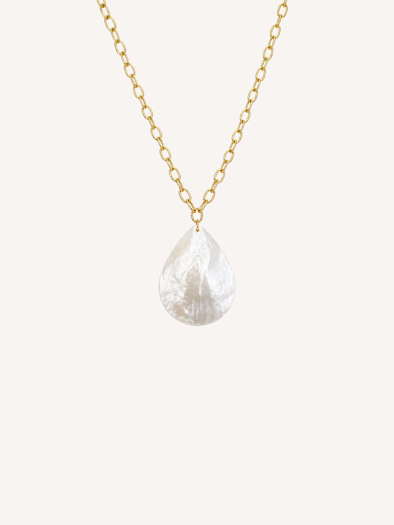 Gold necklace featuring a genuine mother of pearl teardrop pendant.