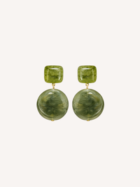 Olive green marbled resin statement drop earrings with gold accents.