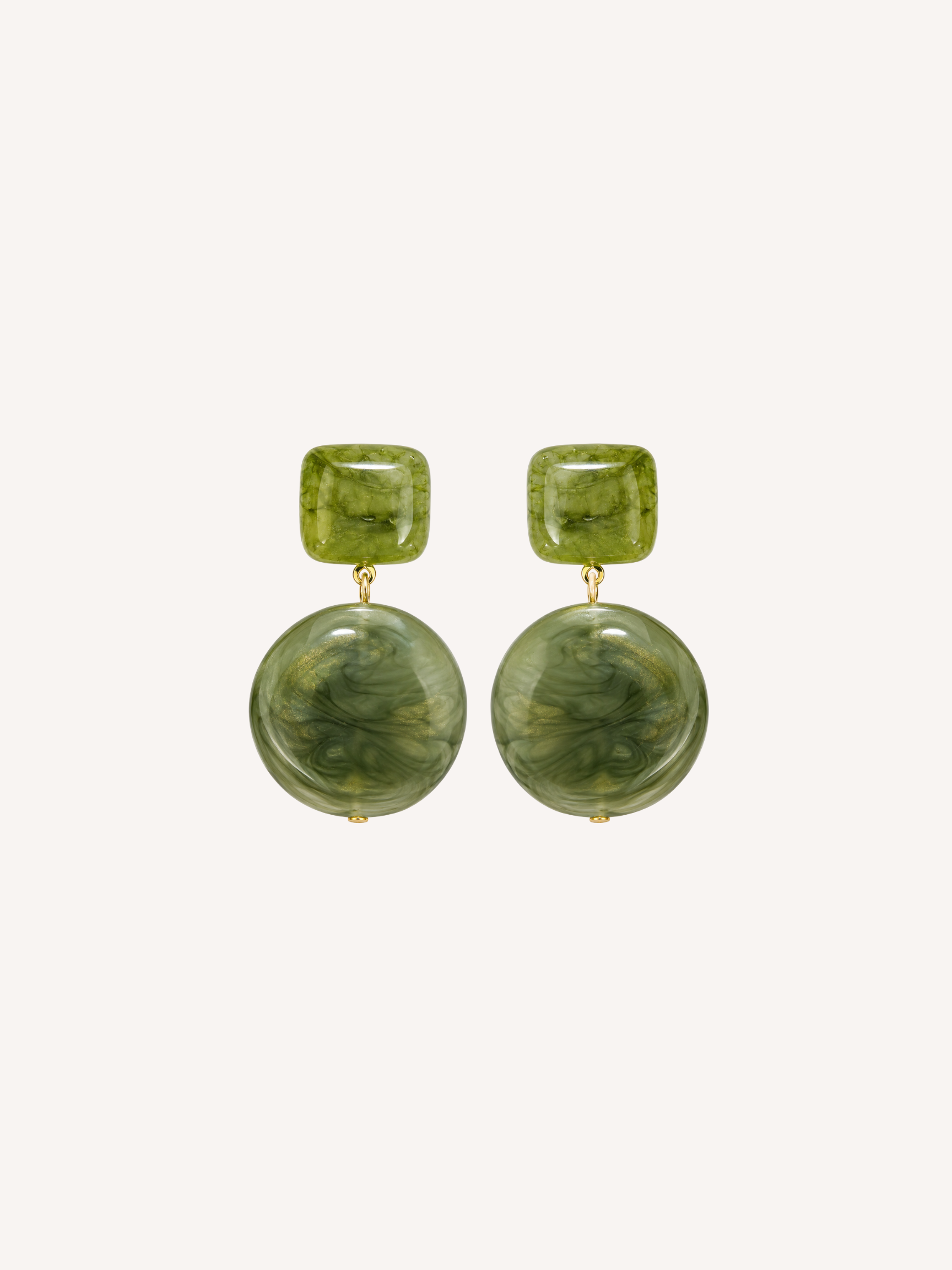 Olive green marbled resin statement drop earrings with gold accents.