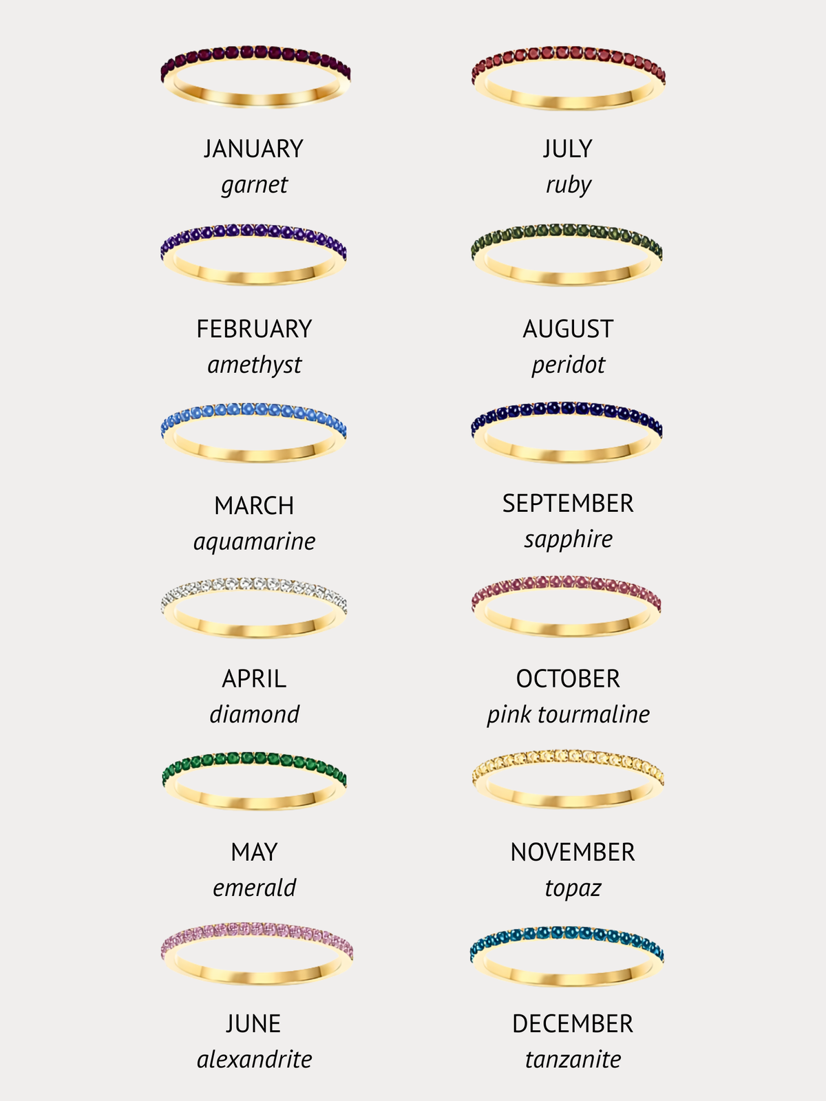 Gold pavé birthstone eternity rings showing all 12 birthstone colors including garnet, amethyst, aquamarine, diamond, emerald, alexandrite, ruby, peridot, sapphire, pink tourmaline, topaz and tanzanite