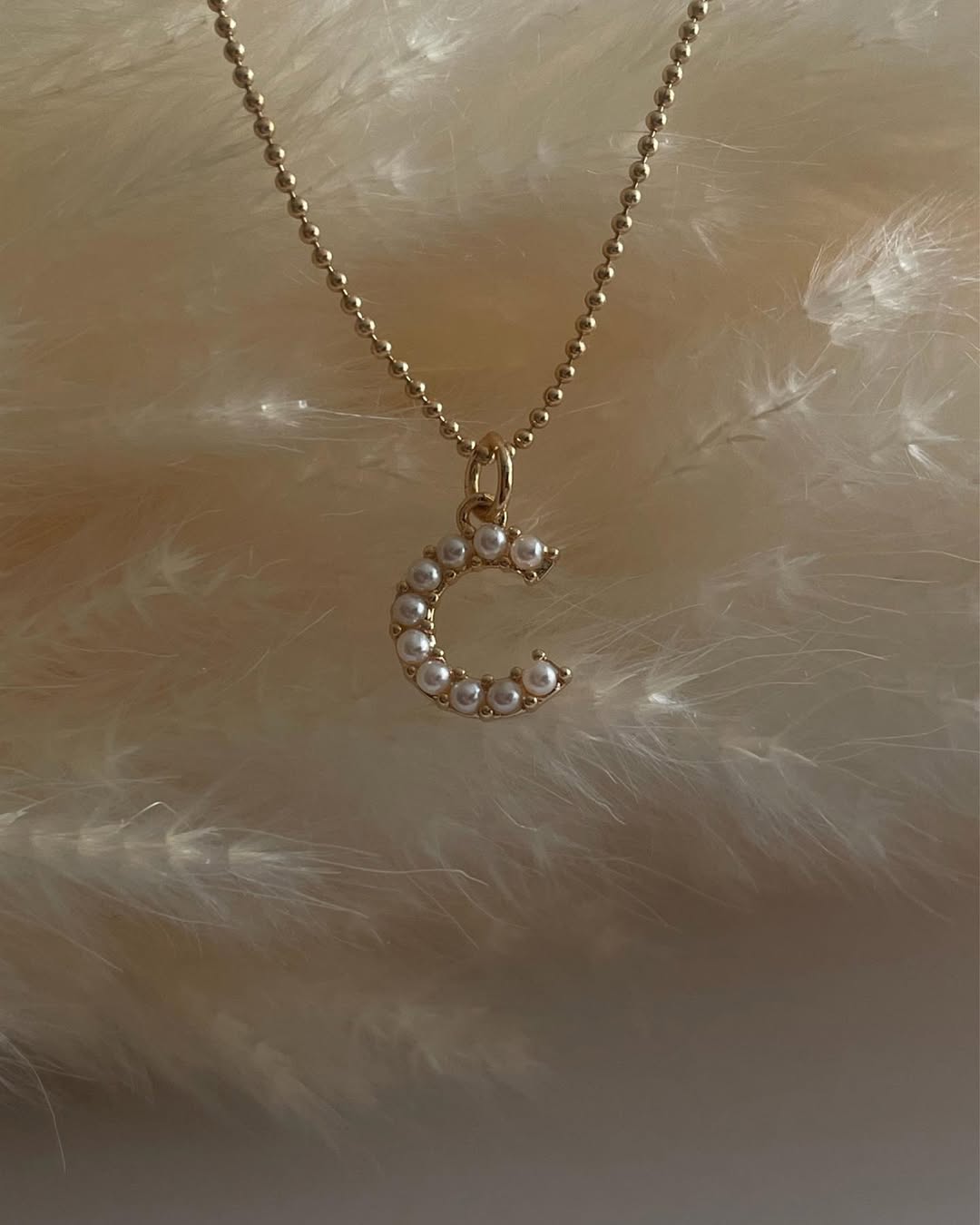 pearl initial necklace gold filled custom letter pendant close up detail